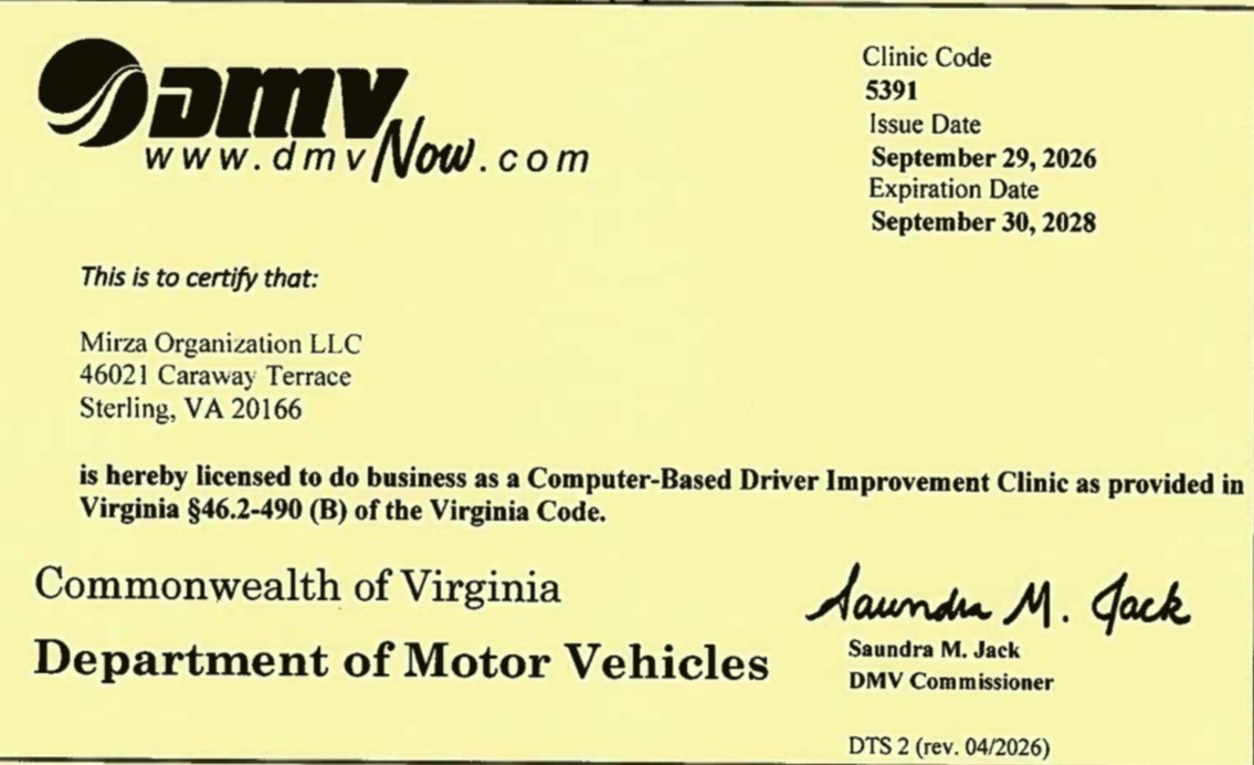 Virginia DMV clinic operating certificate for MIR Organization LLC, Clinic Code 5391